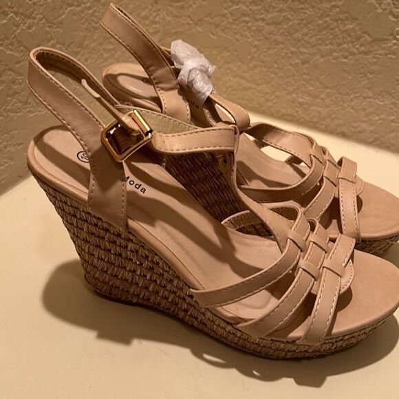 Top Moda Women's 10 Strappy Espadrille Platform Wedge Sandals Blush And Tan New - Picture 3 of 14